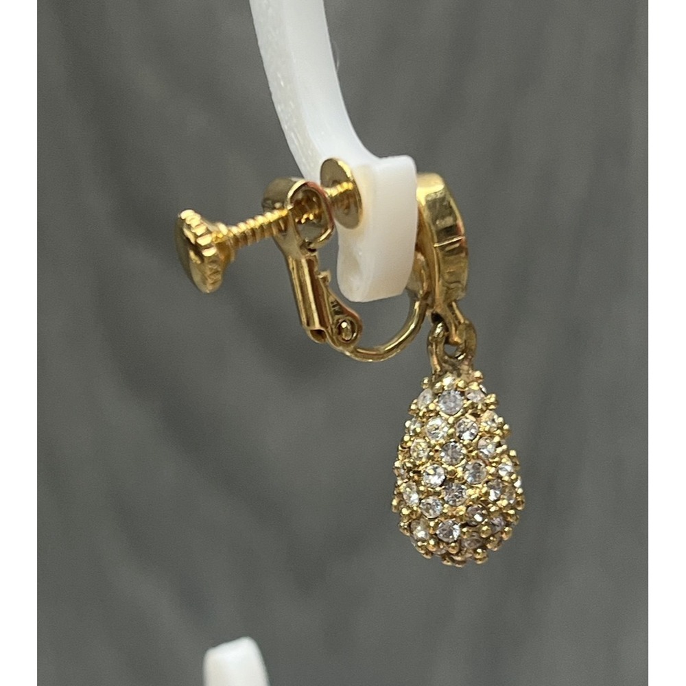 Givenchy Gold Tone 4G Logo Clip-On Earrings Pave Clear Rhinestone Teardrop - Picture 4 of 10